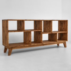 Regał niski z asymetrycznymi półkami ze starego drewna do salonu